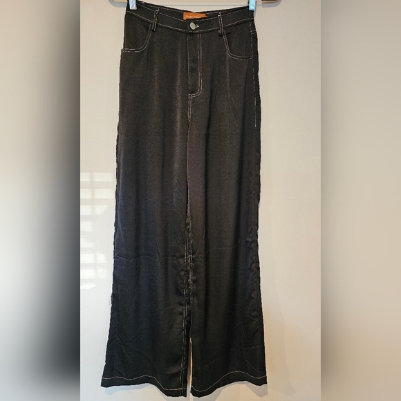 Beige Botany Size Small Wide Leg Hi-Rise Satin Feel Pants Goth Rave Grunge Y2K - Picture 4 of 12
